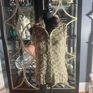 Charter Club Brown Tweed Metallic Faux Fur Collar Wool Blend Zipper Boho Vest